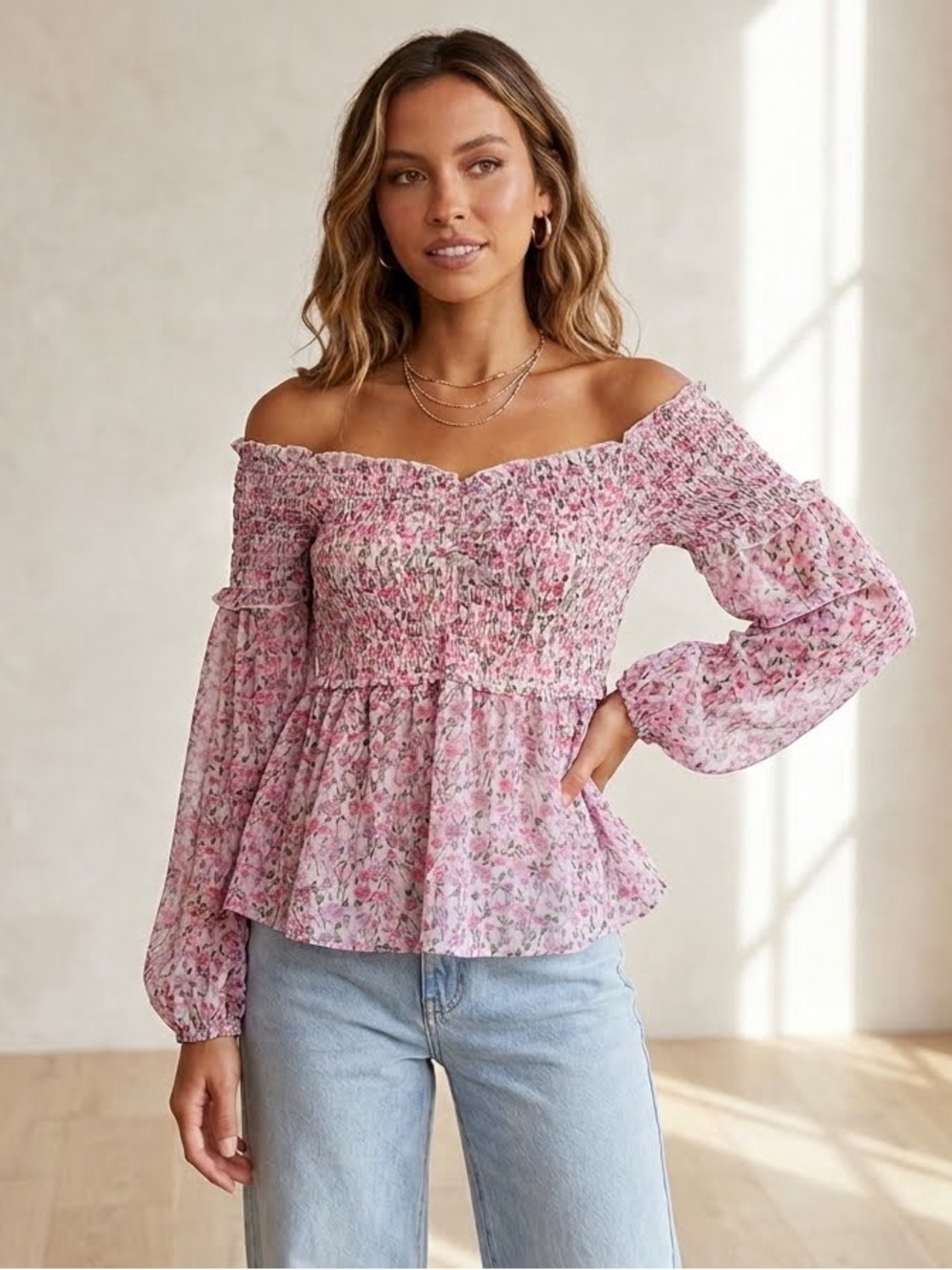Mi Ami Pink Floral Smocked Off-The-Shoulder Peplum Blouse - Size M